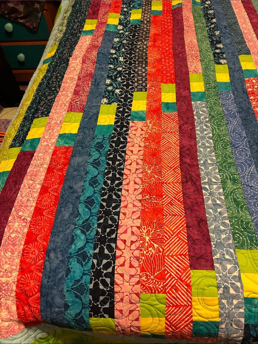 ONE OF A KIND- HANDCRAFTED Multicolor Strip Quilt - Vibrant Green, Blue & Pink
